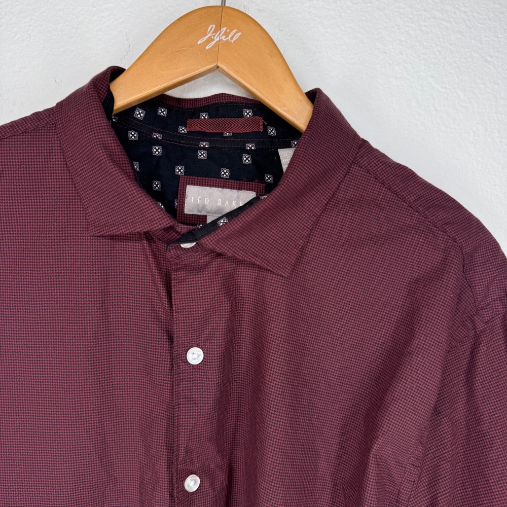 Ted Baker Mens Burgundy Micro Houndstooth Cotton Button Dress Shirt XL Business‎